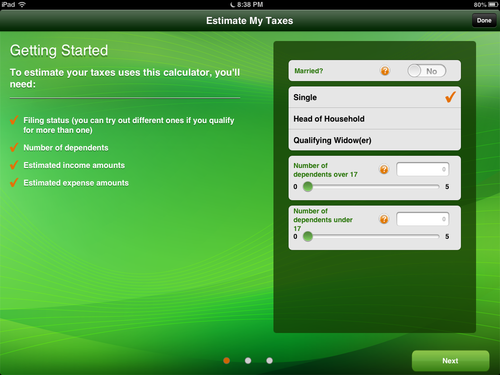 Image showing first Tax Estimator screen.