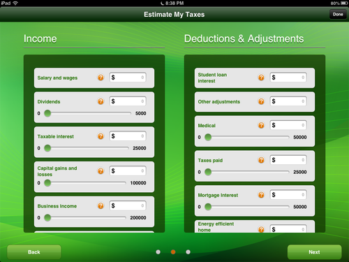 Image showing second Tax Estimator screen.