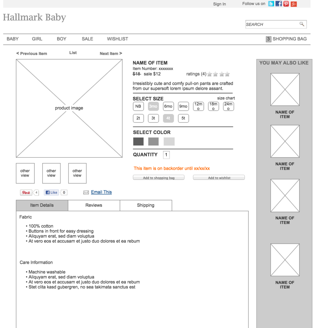 Image showing a wireframe of the product detail page.