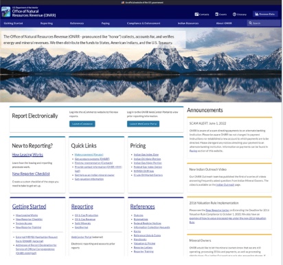 Screenshot of the onrr.gov homepage after the redesign